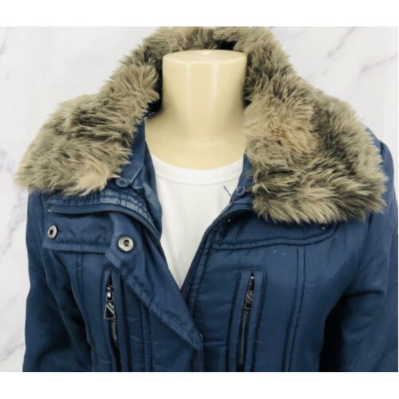 STEVE MADDEN denim blue parka, removable faux fur collar, EUC, size large - Picture 3 of 7
